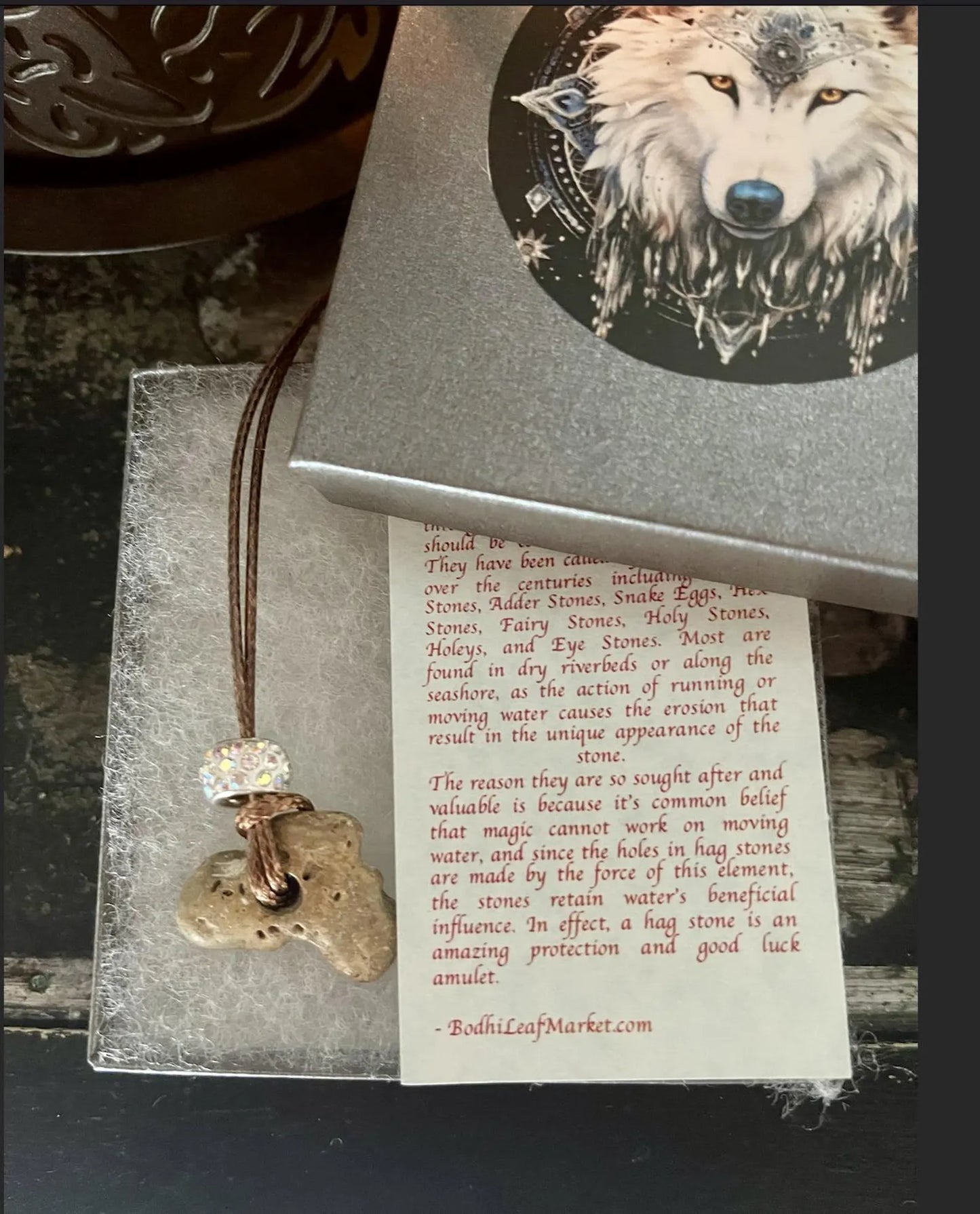 Bodhi Leaf Market, wolf box, wolf gift set, white wolf art, mystical wolf art, hagstone, boxed hagstone gift, good fortune gift