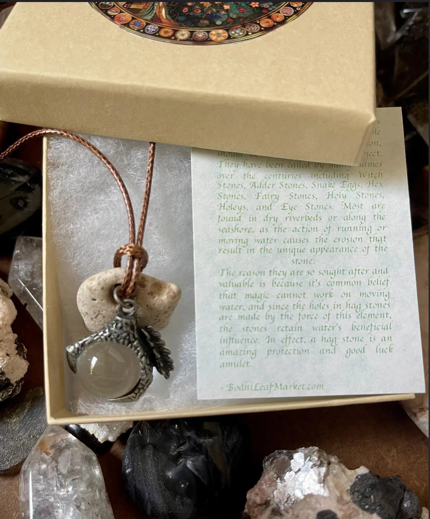 Gift Boxed Practical Magic Hag Stone and Crystal Claw Bead, Bodhi Jewelry