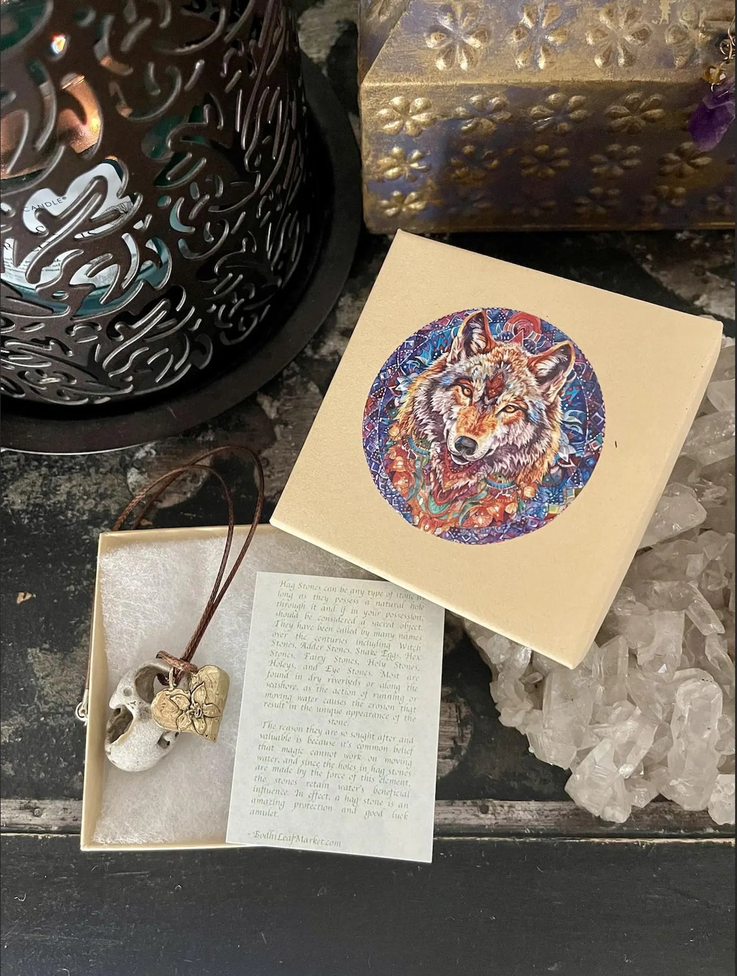 Gift Boxed Wolf and Hag Stone With Bronze Heart Pendant, Bodhi Jewelry, USA