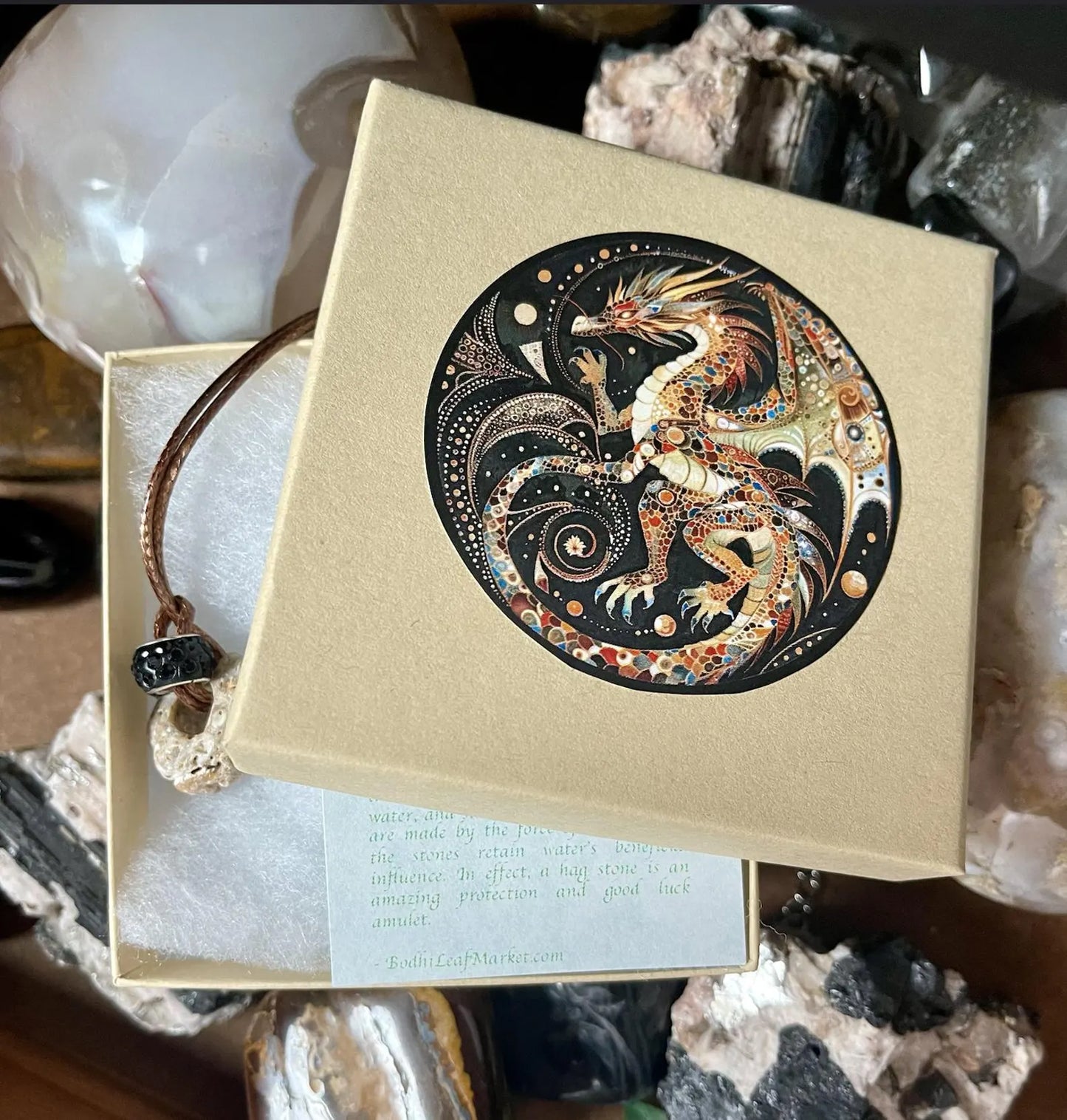 dragon gift, boxed dragon, Bodhi Leaf Market, hagstone, dragon hagstone, dragon box, unique dragon pendant, hagstone pendant, boxed hagstone pendant, hagstone pendant gift