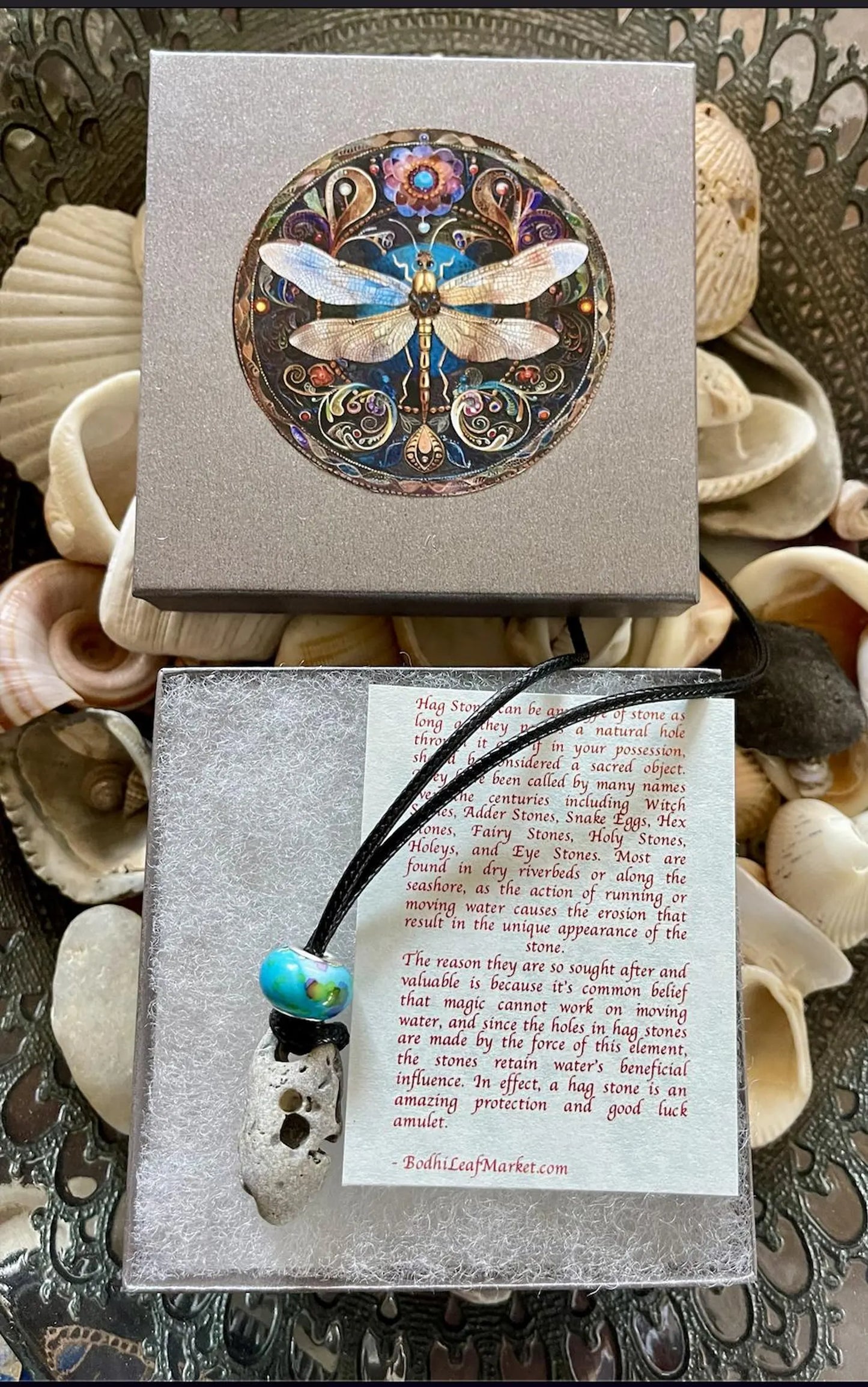 Gift Boxed Mystical Dragonfly Hag Stone and Watercolor Bead, Bodhi Jewelry, USA