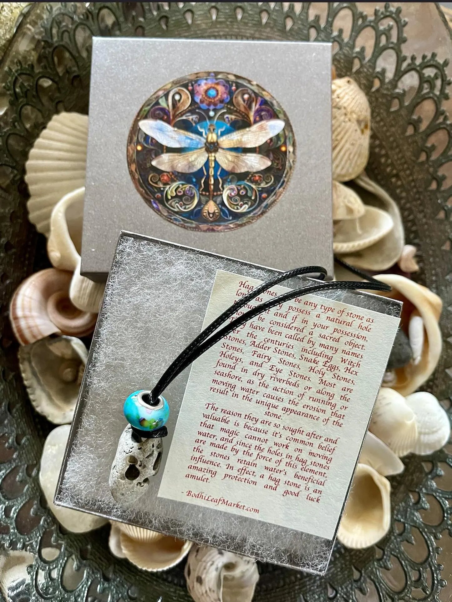 Gift Boxed Mystical Dragonfly Hag Stone and Watercolor Bead, Bodhi Jewelry, USA