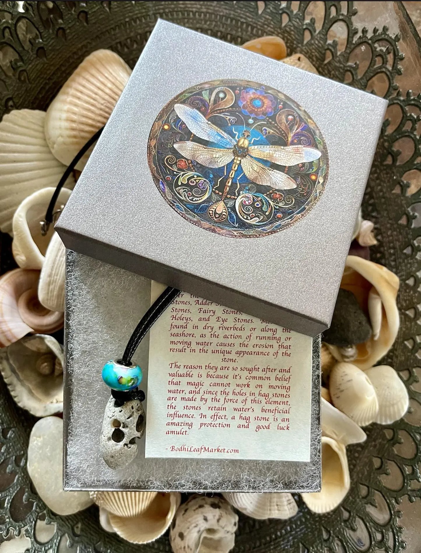 Gift Boxed Mystical Dragonfly Hag Stone and Watercolor Bead, Bodhi Jewelry, USA