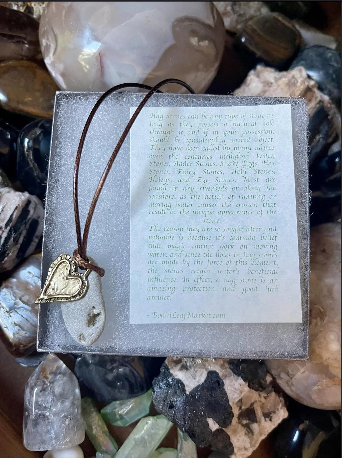 Gift Boxed Cat and Hag Stone With Artisan Bronze Heart Charm, Bodhi Jewelry