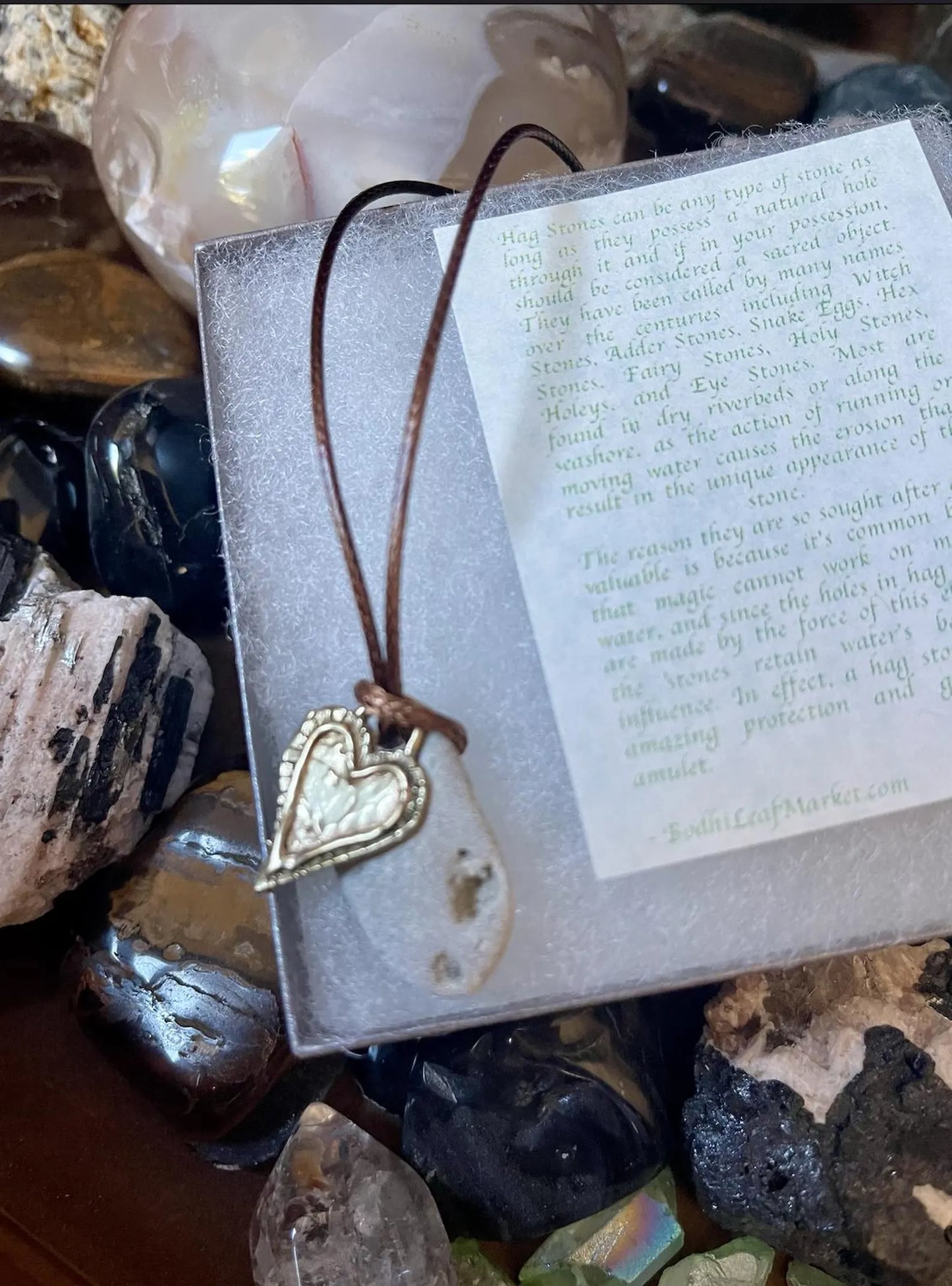 Gift Boxed Cat and Hag Stone With Artisan Bronze Heart Charm, Bodhi Jewelry