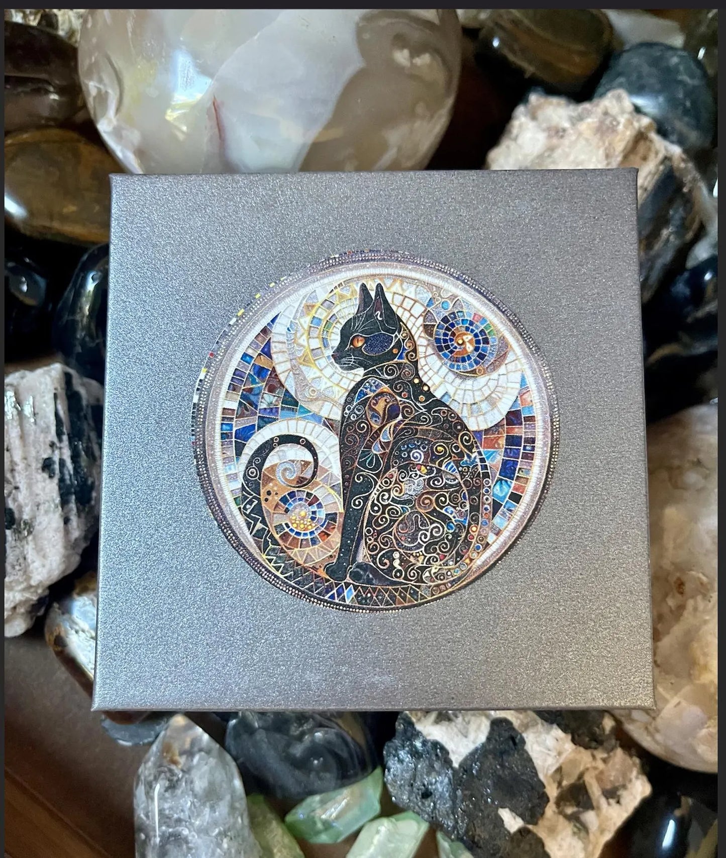 Gift Boxed Cat and Hag Stone With Artisan Bronze Heart Charm, Bodhi Jewelry