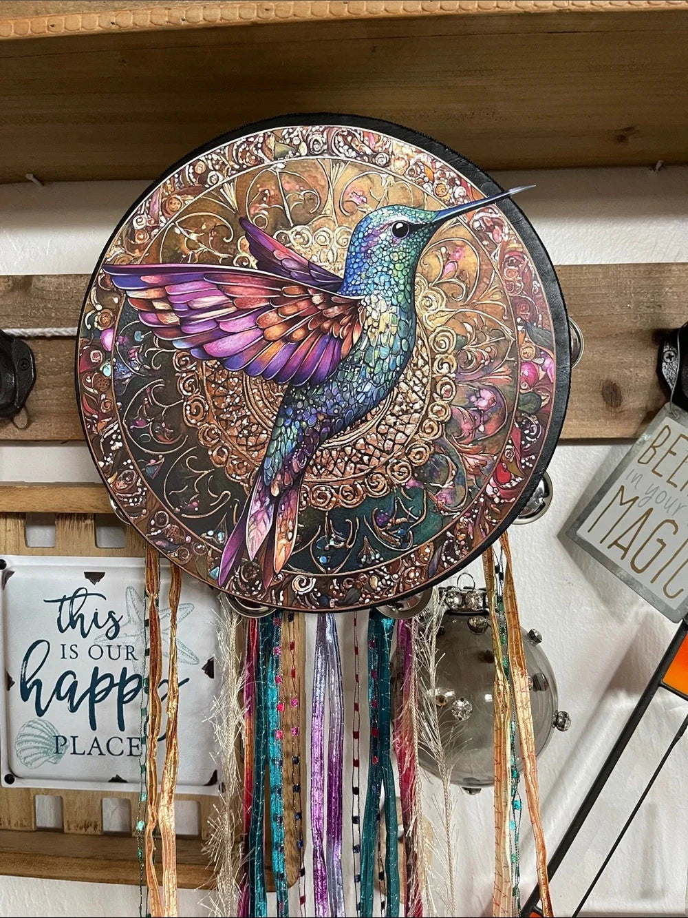 Mystical Hummingbird Tambourine and Wall Accent 10"