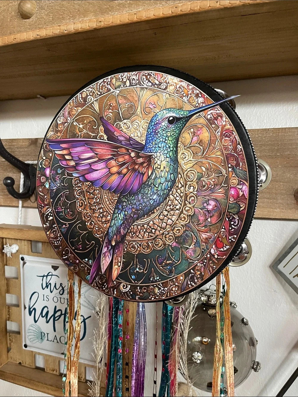 Mystical Hummingbird Tambourine and Wall Accent 10"