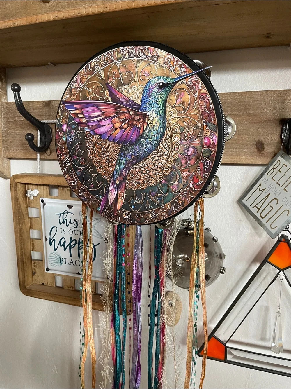 Mystical Hummingbird Tambourine and Wall Accent 10"