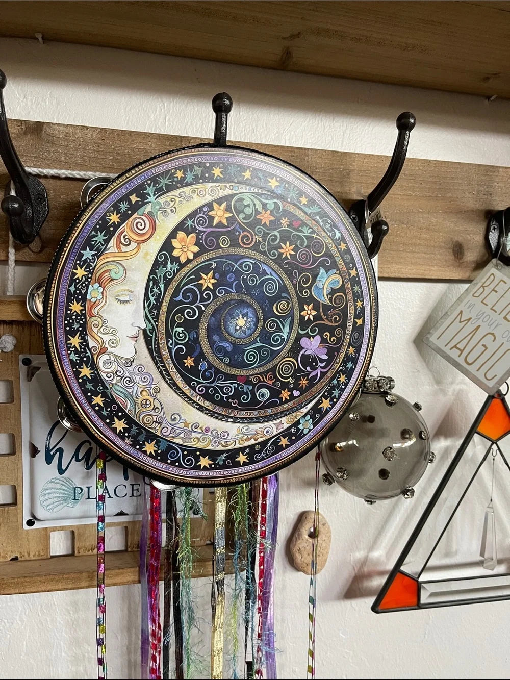 Mystical Moon Tambourine Ribbon and Wall Accent 10"