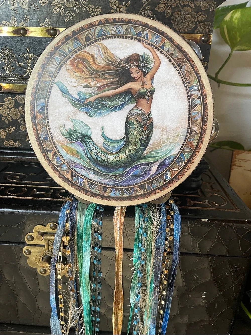 Sea Goddess Tambourine and Ribbon Wall Accent 8"