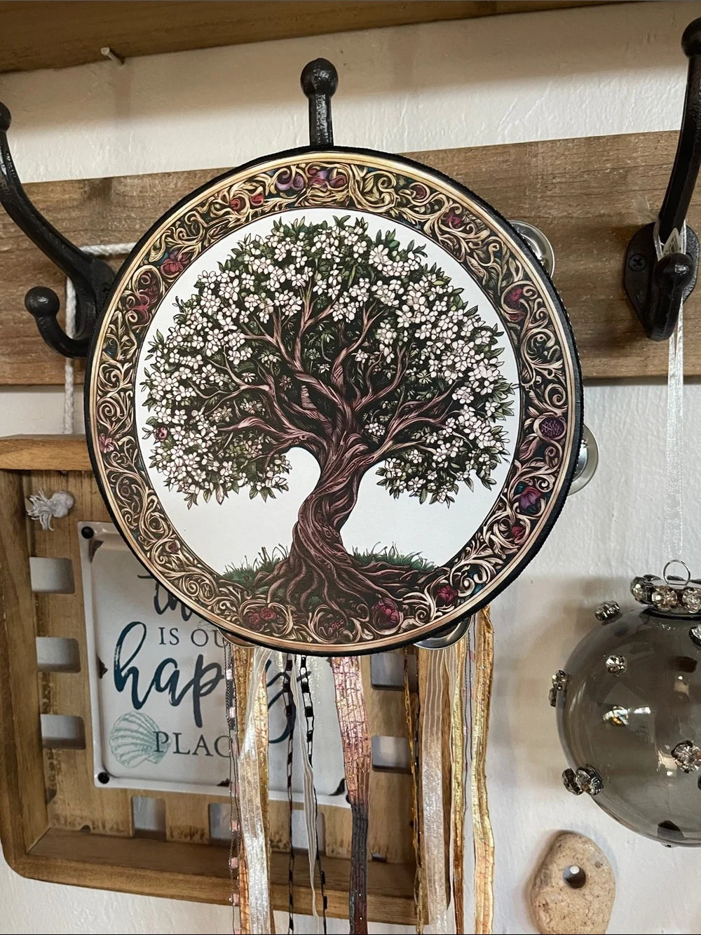 Art Nouveau Tree of Life Tambourine and Ribbon Wall Art 8"