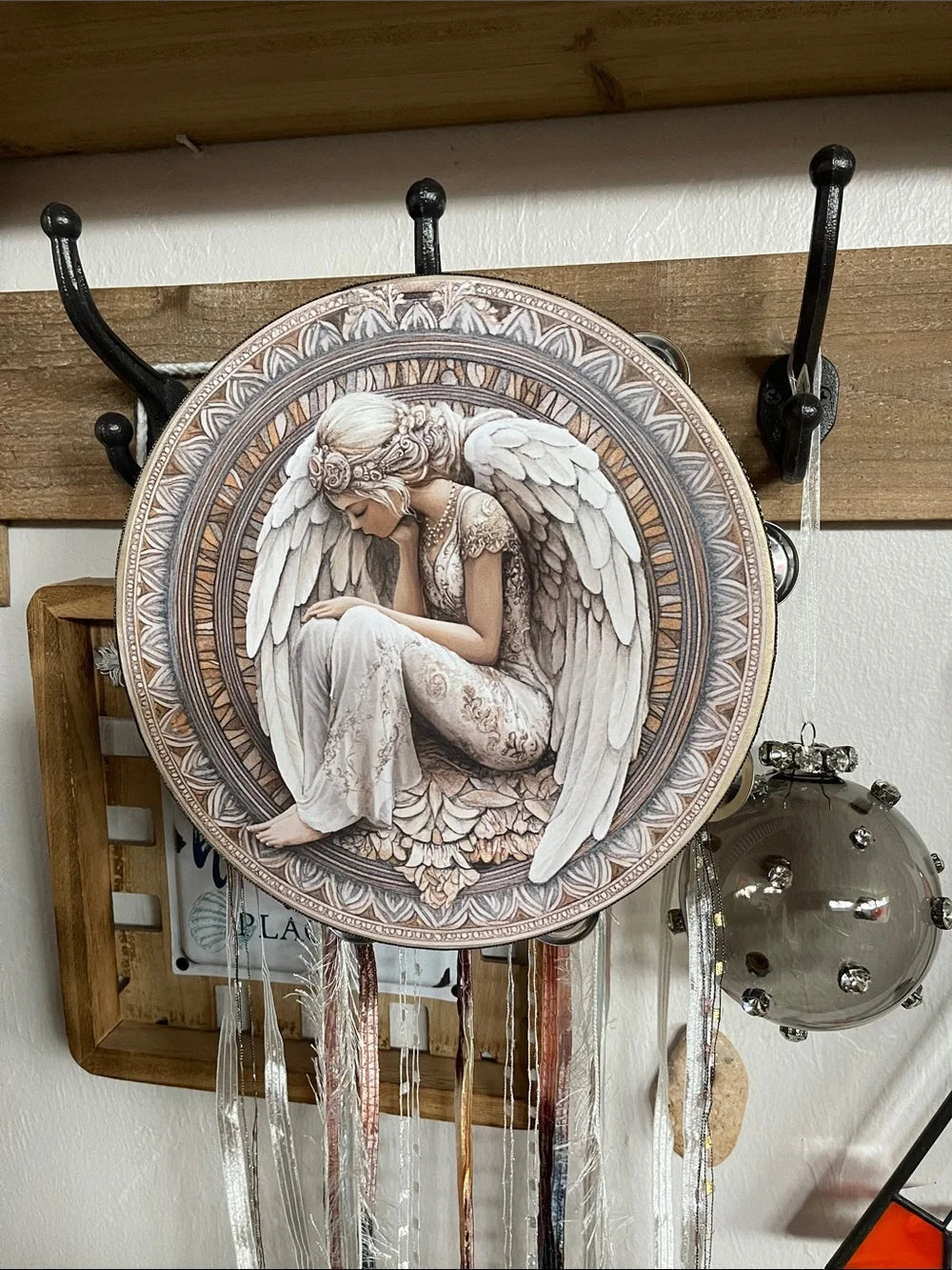 Spring Angel Tambourine and Ribbon Wall Accent 10"
