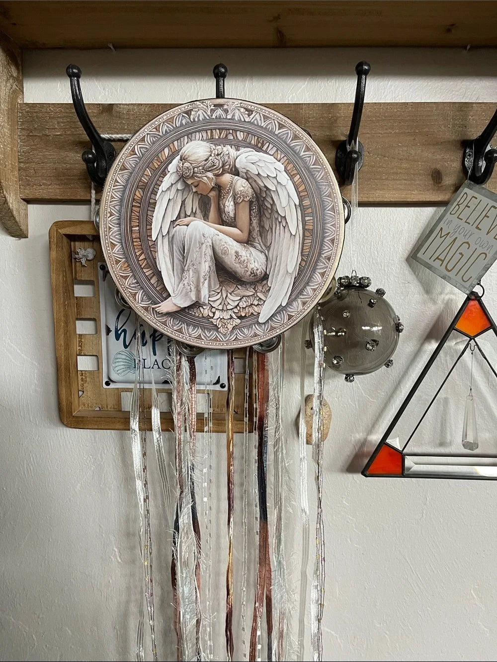 Spring Angel Tambourine and Ribbon Wall Accent 10"