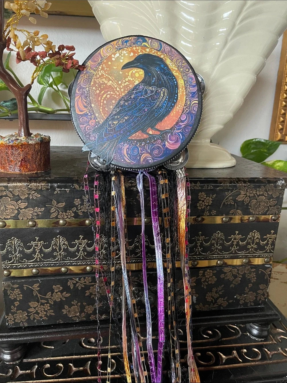 Mystical Raven Tambourine with Black Sides 6"