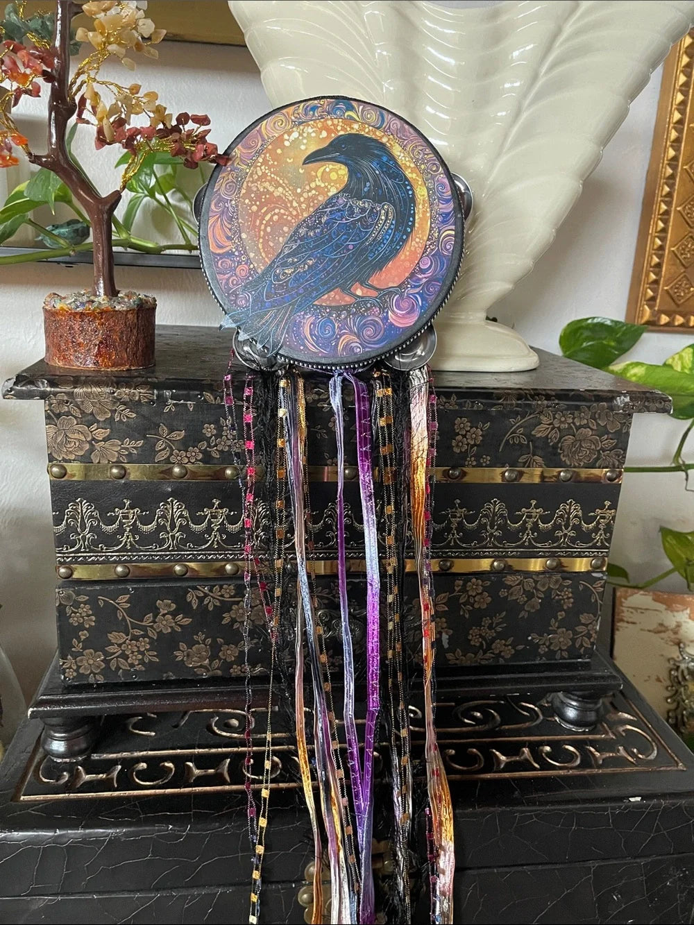 Mystical Raven Tambourine with Black Sides 6"