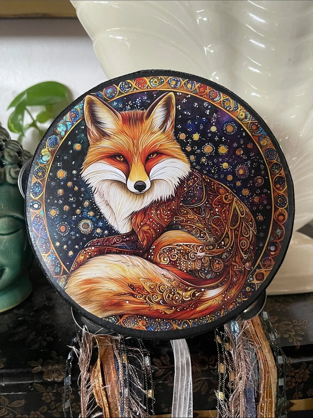 Mystical Fox Tambourine and Ribbon Wall Accent 6"