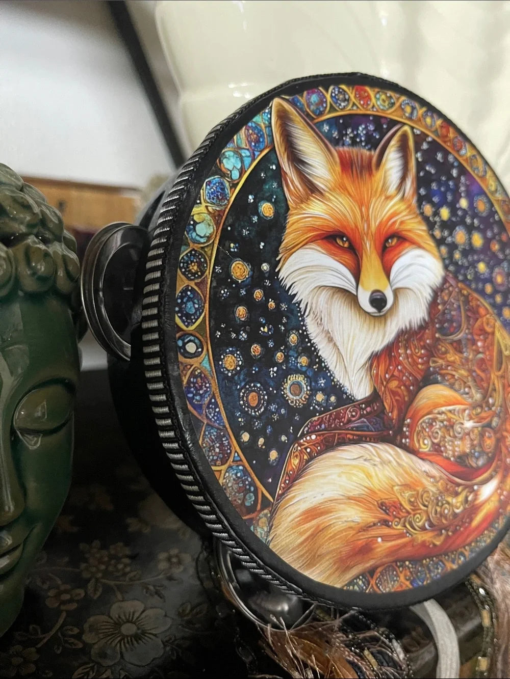 Mystical Fox Tambourine and Ribbon Wall Accent 6"