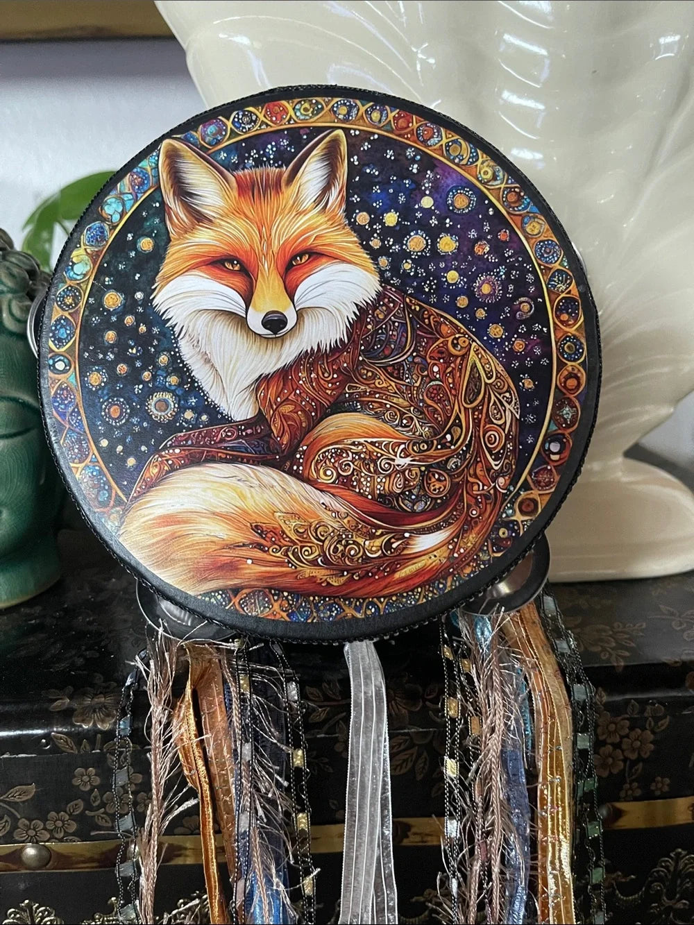 Mystical Fox Tambourine and Ribbon Wall Accent 6"