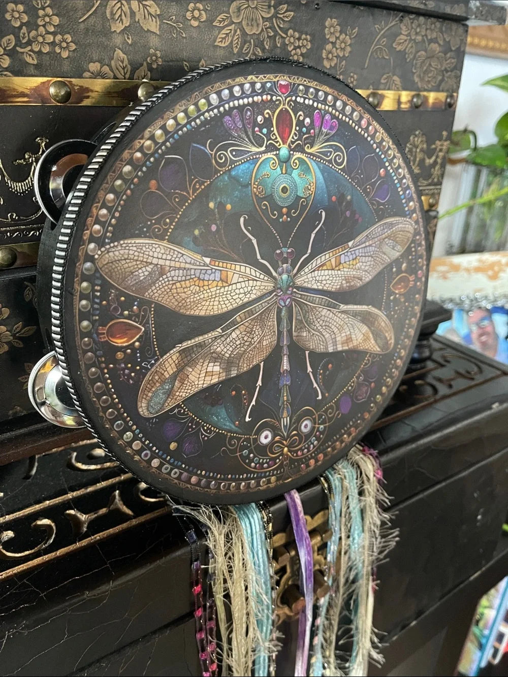 Art Nouveau Dragonfly Tambourine and Ribbon Black Sides 4"