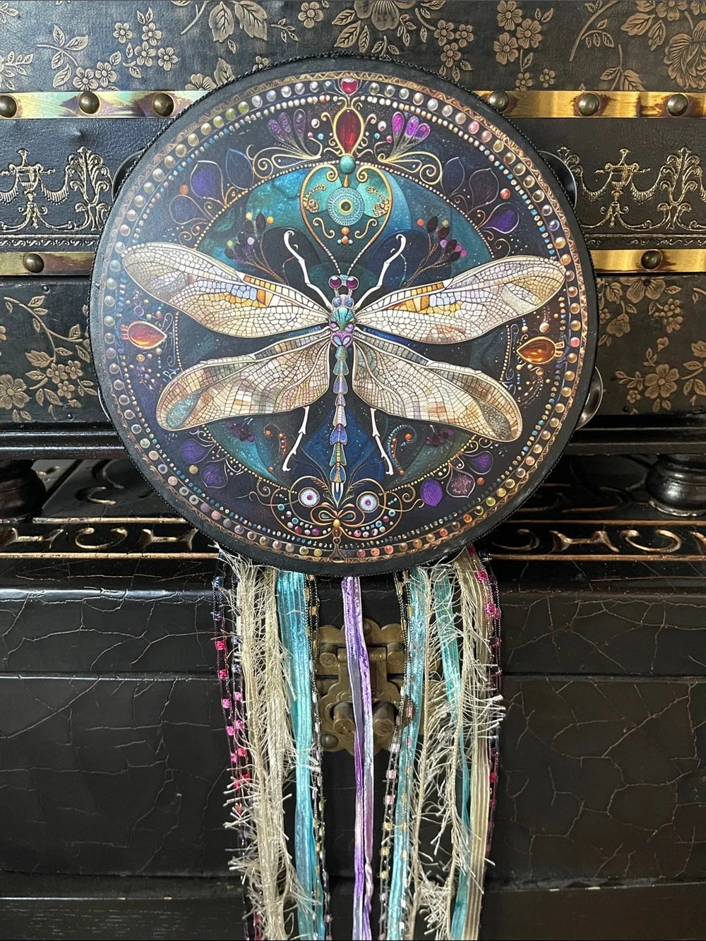 Art Nouveau Dragonfly Tambourine and Ribbon Black Sides 4"
