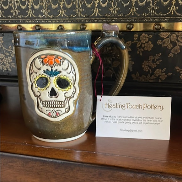 NWT Sugar Skull Mug with Genuine Rose Quartz Crystal, Bodhi Crystal Magic