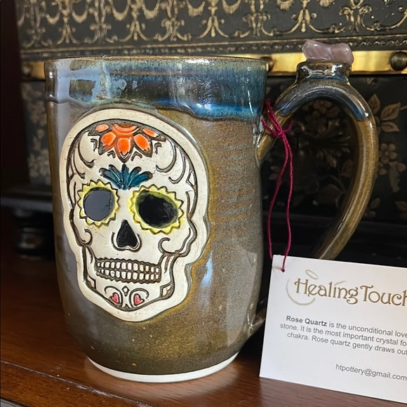 NWT Sugar Skull Mug with Genuine Rose Quartz Crystal, Bodhi Crystal Magic