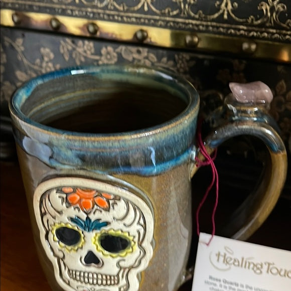 NWT Sugar Skull Mug with Genuine Rose Quartz Crystal, Bodhi Crystal Magic