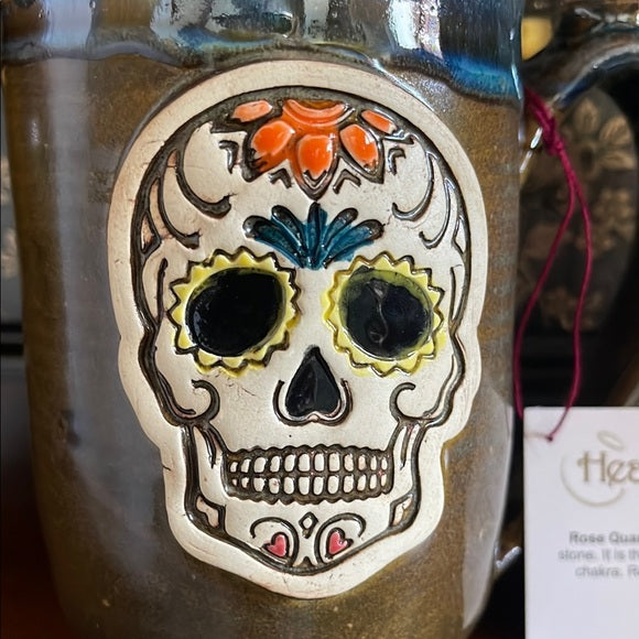 NWT Sugar Skull Mug with Genuine Rose Quartz Crystal, Bodhi Crystal Magic