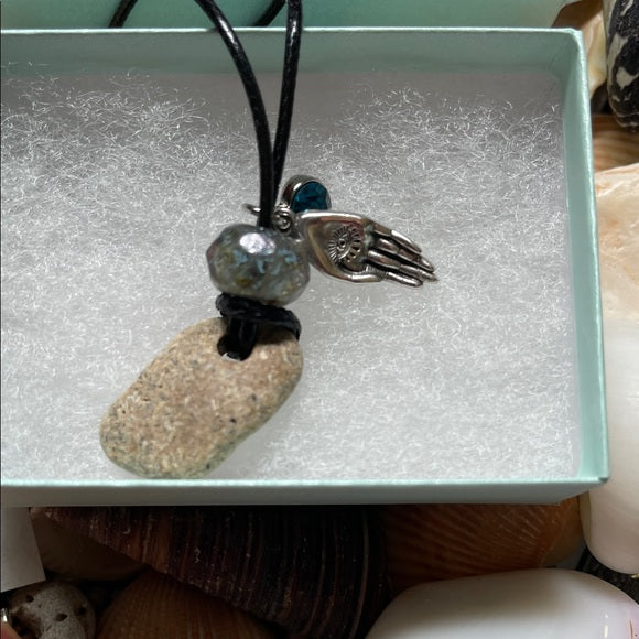 Elegant Beach Stone and Artisan Healing Hand Charm Pendant, Bodhi Jewelry