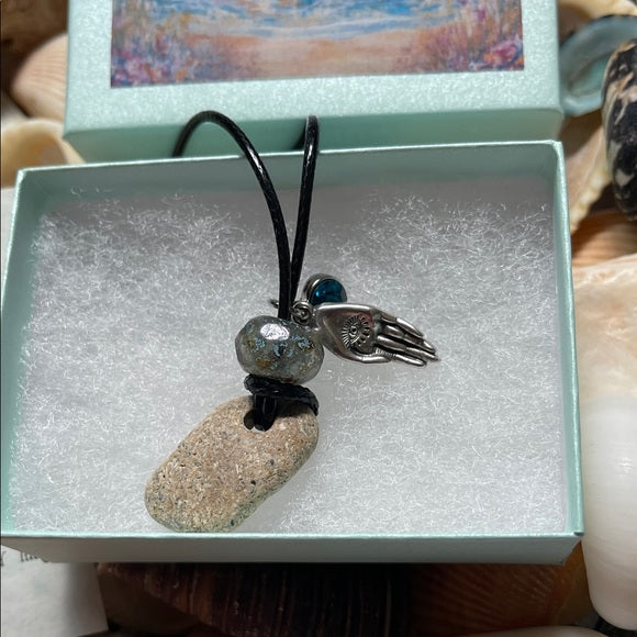 Elegant Beach Stone and Artisan Healing Hand Charm Pendant, Bodhi Jewelry