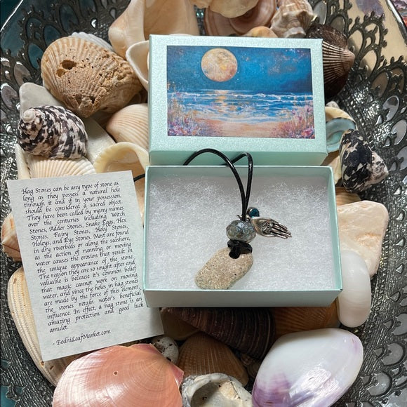 Elegant Beach Stone and Artisan Healing Hand Charm Pendant, Bodhi Jewelry