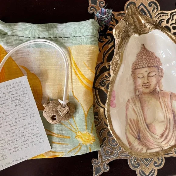 Spirited Bohemian Hag Stone Pendant, Hand Crafted Artisan Bronze Heart Charm, Bodhi Jewelry