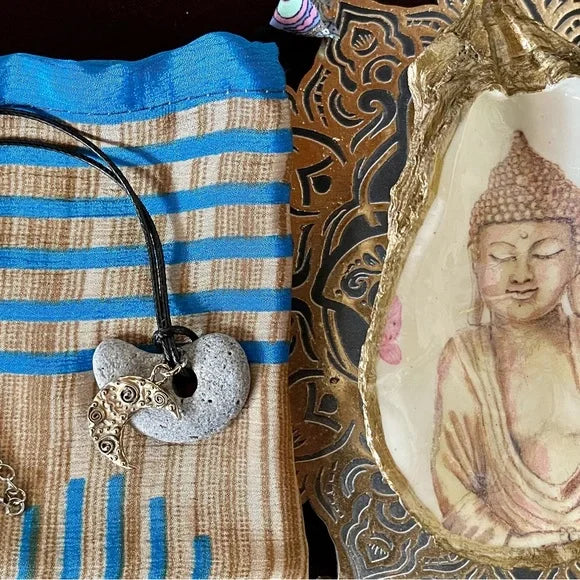 Spirited Bohemian Hag Stone Pendant, Hand Crafted Artisan Bronze Moon Charm, Bodhi Jewelry