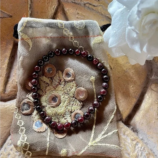 High Quality Hand Beaded Garnet Bracelet and Gift Pouch, Bodhi Jewelry