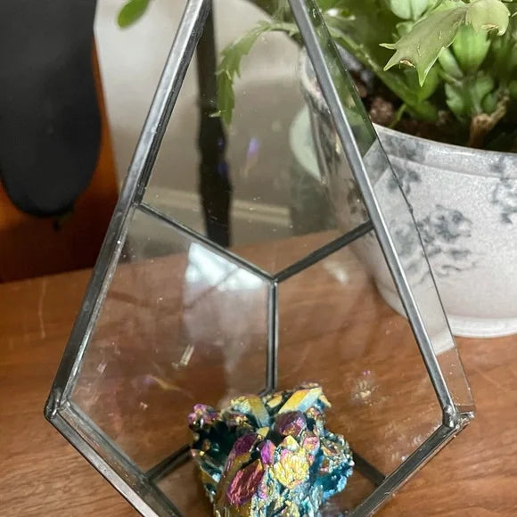 Aqua Aura Rainbow Quartz Cluster with Glass Terrarium, Metaphysical Home Decor