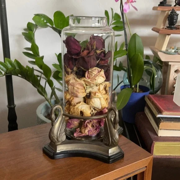 Vintage Metal Swan Vase with Dried Rose Buds, Bodhi Home Decor