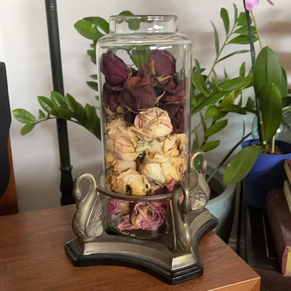 Vintage Metal Swan Vase with Dried Rose Buds, Bodhi Home Decor