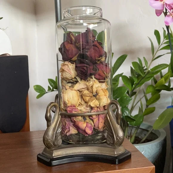 Vintage Metal Swan Vase with Dried Rose Buds, Bodhi Home Decor