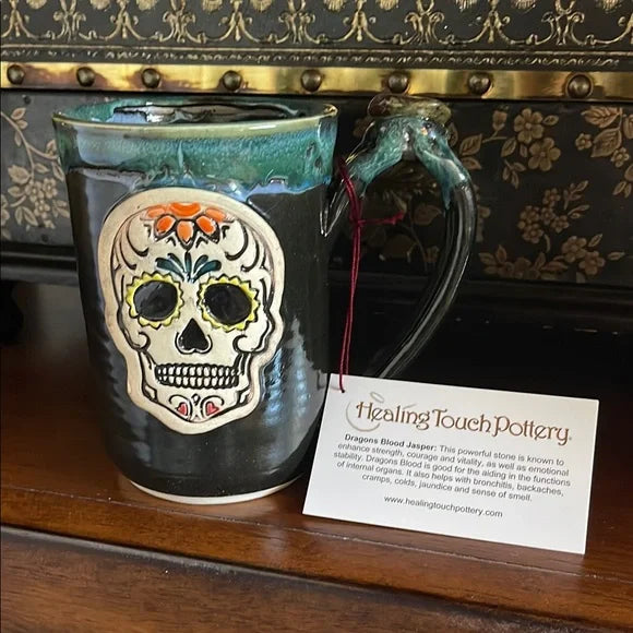 NWT Sugar Skull Mug with Genuine Dragon's Blood Jasper Crystal, Bodhi Crystal Magic