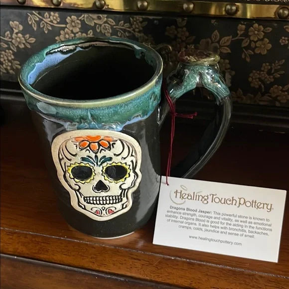 NWT Sugar Skull Mug with Genuine Dragon's Blood Jasper Crystal, Bodhi Crystal Magic