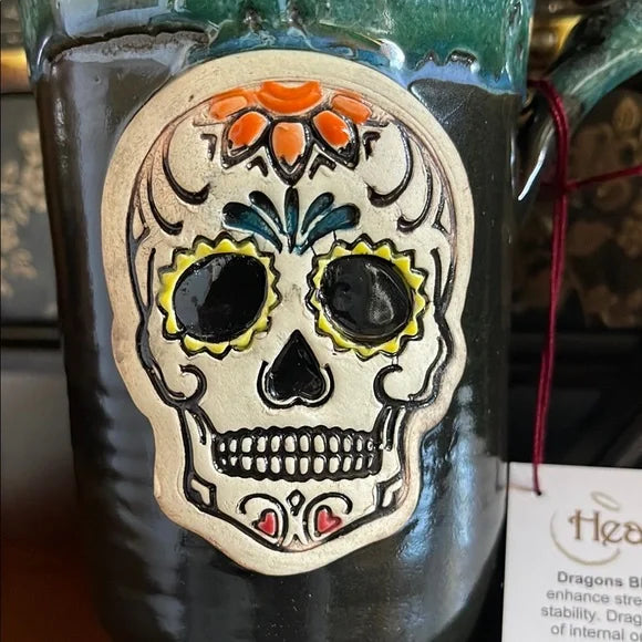 NWT Sugar Skull Mug with Genuine Dragon's Blood Jasper Crystal, Bodhi Crystal Magic