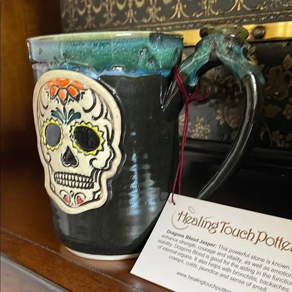 NWT Sugar Skull Mug with Genuine Dragon's Blood Jasper Crystal, Bodhi Crystal Magic