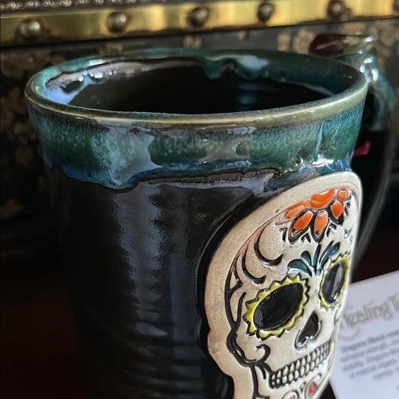 NWT Sugar Skull Mug with Genuine Dragon's Blood Jasper Crystal, Bodhi Crystal Magic