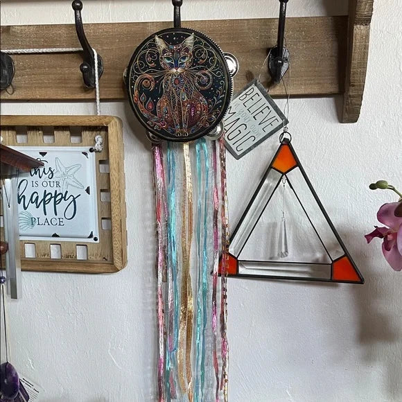 Mystical Colorful Cat Tambourine and Ribbon Wall Accent