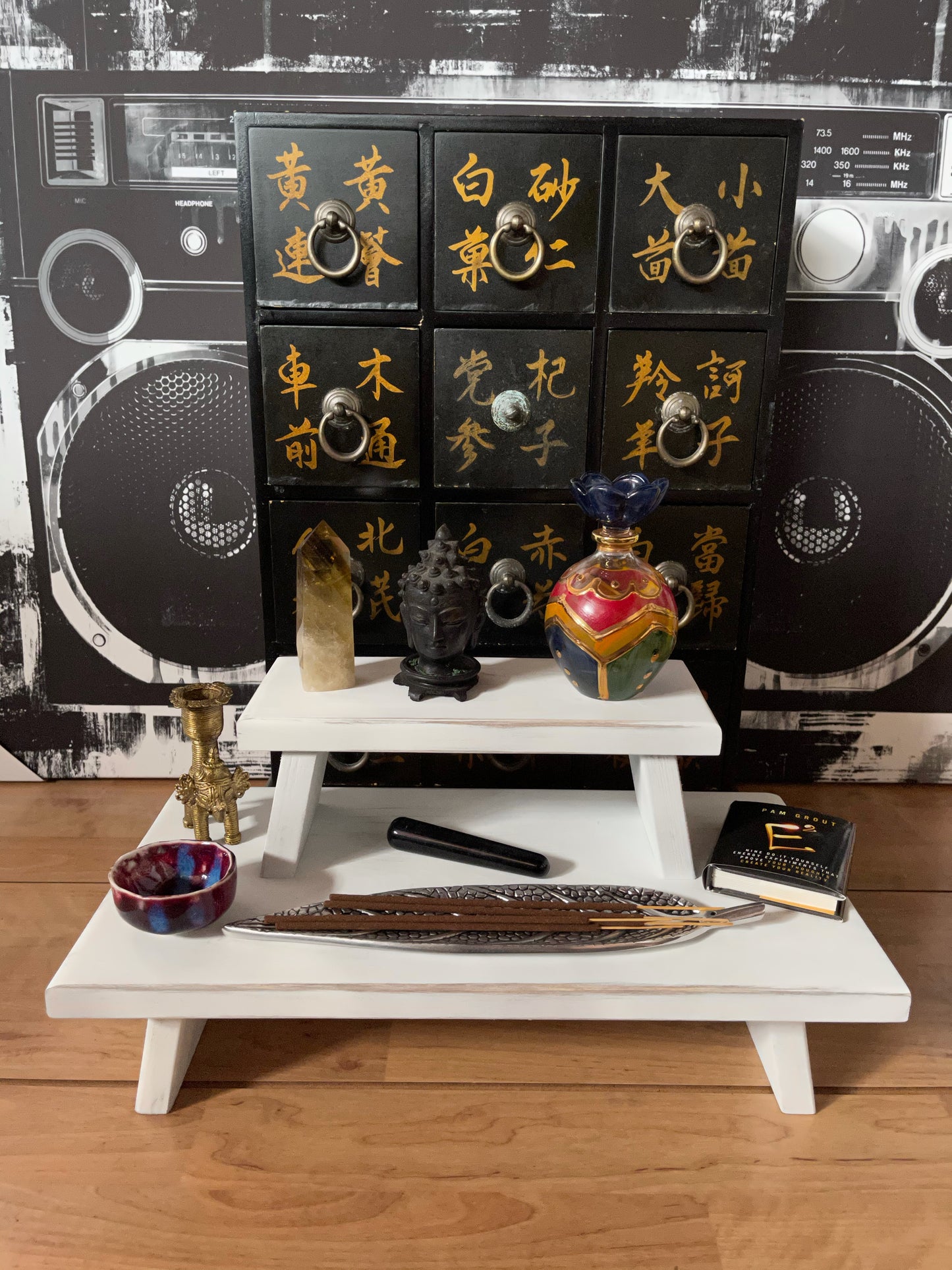 White Distressed with Gold Prosperity Meditation Table Set, Home Decor