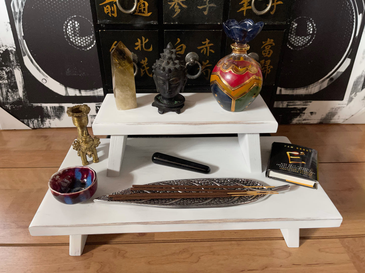 White Distressed with Gold Prosperity Meditation Table Set, Home Decor