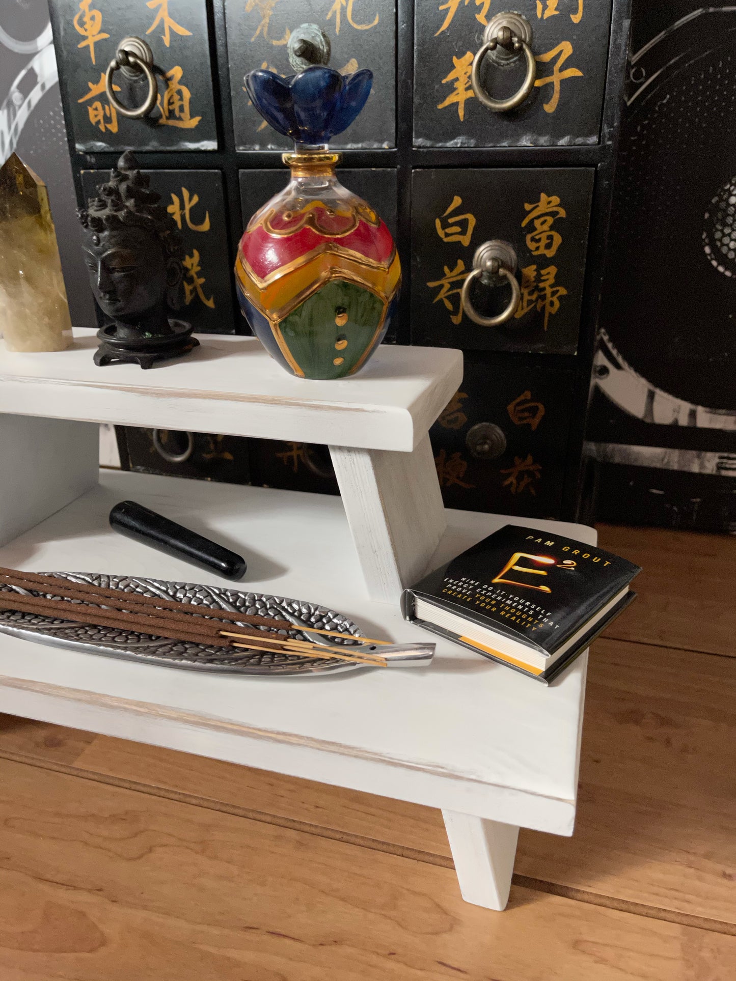 White Distressed with Gold Prosperity Meditation Table Set, Home Decor