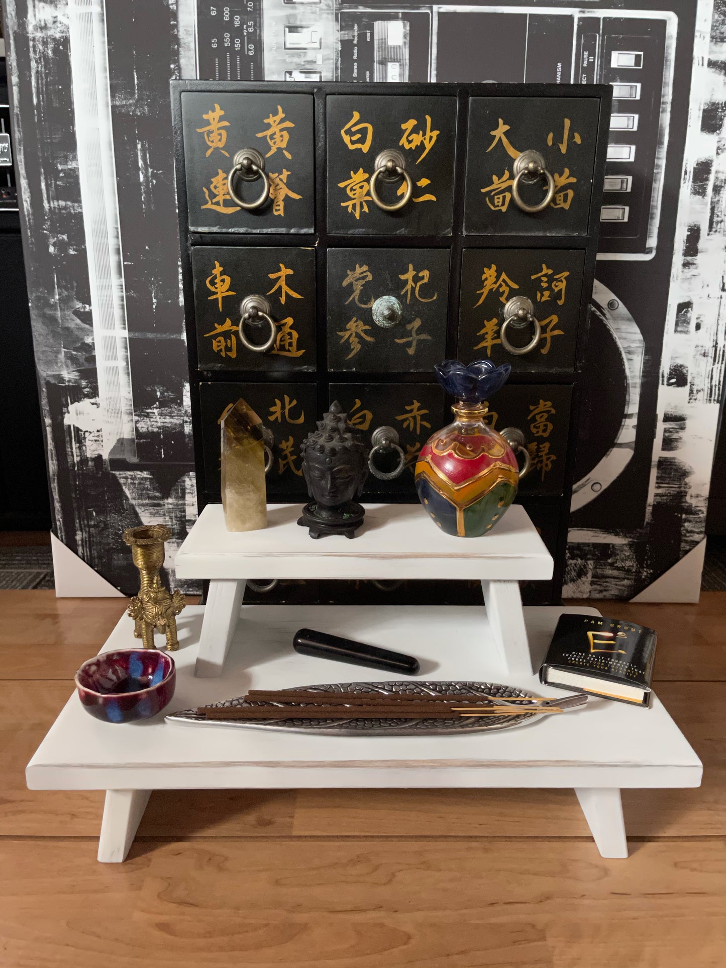 White Distressed with Gold Prosperity Meditation Table Set, Home Decor