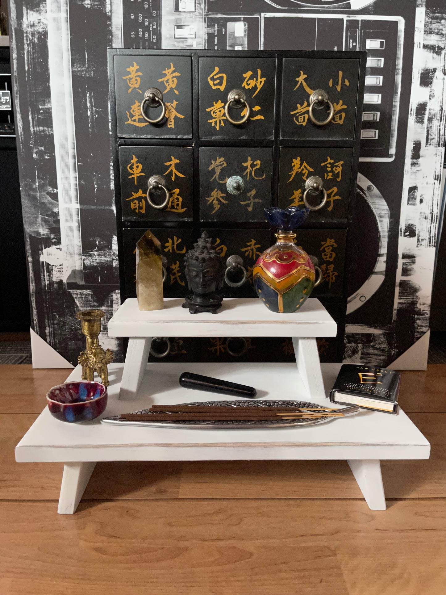 White Distressed with Gold Prosperity Meditation Table Set, Home Decor
